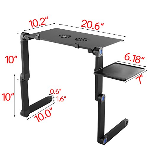 Portable Adjustable Laptop Table For Bed and Sofa w/2 CPU Fans and Mouse Pad, Aluminum Laptop Desk Stand Table Vented Ergonomic Macbook Desk Table TV Bed Lap Tray Vented Folding Stand Up/Sitting