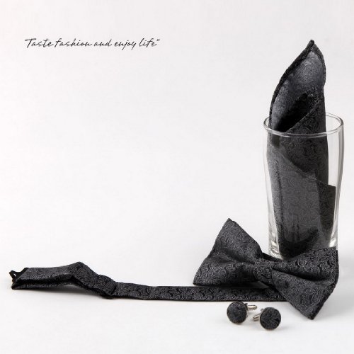 Black Paisley Silk Pre-tied Bowtie, Cufflinks,Handkerchiefs Present Box Set Black cheap Pointe BT2050 One Size Black