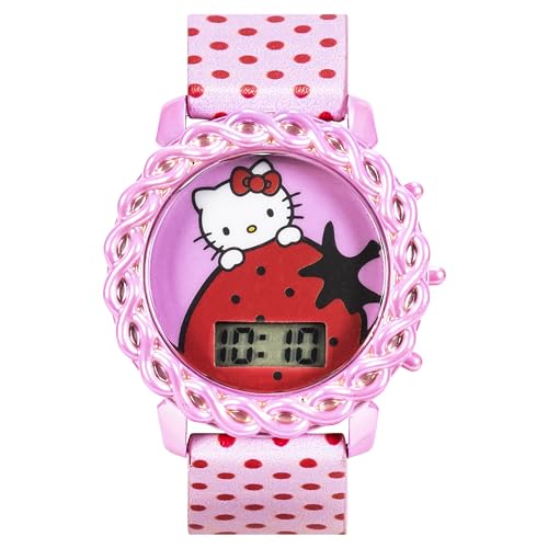 Accutime Hello Kitty Kids Digital Watch with LED Display, Pink Polka Dot PU Leather Strap, Adorable Strawberry Design, Fun Light-Up Feature, Durable & Adjustable Fit for Wrist Sizes 5.5