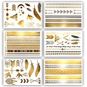 Metallic Bohemian Temporary Hair Tattoos - Over 75 Designs Gold Silver (6 Sheets) Terra Tattoos Hazel Collection