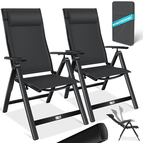 KESSER® Gartenstuhl Hochlehner mit Armlehnen 2er Set Aluminium Klappstuhl mit Kopfkissen & Abdeckung Campingstuhl 7-Fach Verstellbar Rückenlehne Atmun