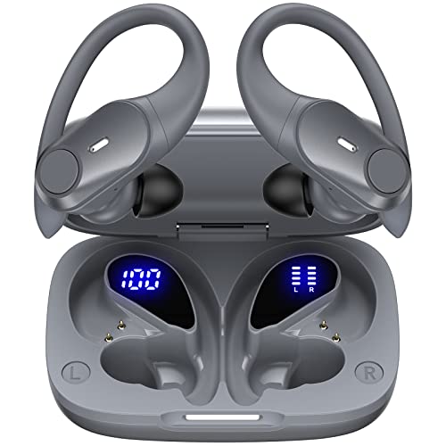Active Noise Cancelling Ear Buds Wireless Earbuds 80H Playtime Bluetooth Headphones with LED Display Case, Hi-Res Audio Clear Calls Earphones with Over Ear Hooks for Running Gym Workout Travel Grey