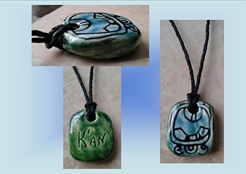 Mayan K'AN Necklace Mesoamerican Maize Glyph Turquoise Green Ceramic Tzolk'in Day Sign Amulet Clay Pendant Aztec Calender
