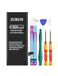 ZURUN 1624mAh Batería de reemplazo de polímero de ión de litio de alta capacidad Compatible con iPhone SE A1723, A1662, A1724 con kit de reemplazo de reparación Herramientas Tiras adhesivas 0 Ciclo  2 Año de garantía (Sólo para iP SE)