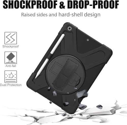 Gerutek Shockproof Case for iPad 9th/8th/7th Generation, 10.2 Inch, Rugged Armor Case with Rotating Stand, Hand Strap & Shoulder Strap, Pen Holder, Sleeve for iPad 10.2 Inch (2021/2020/2019), Black