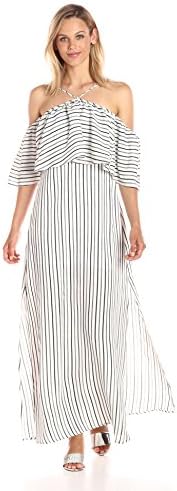 Lucca Couture Women's High Neck Strap Ruffle Overlay Maxi Dress, Black/White Stripe, Medium