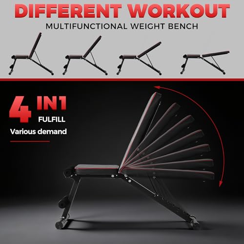 Adjustable Weight Bench, Full Body Workout Strength Training Bench Press Foldable Incline Decline Bench Sit Up Exercise Equipment for Home Gym with Dual Bands