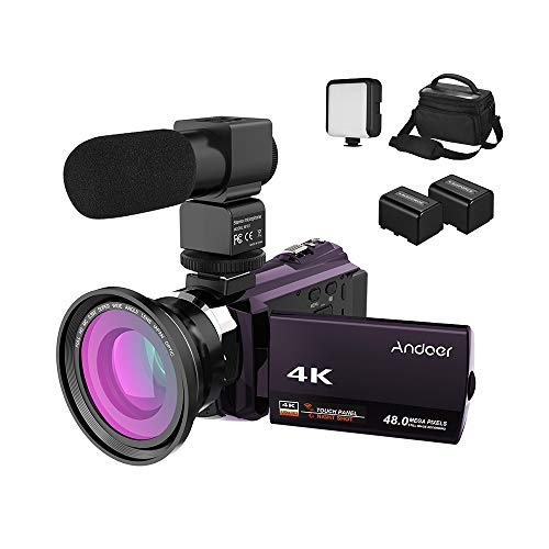 Andoer 4K Camcorder 1080P 48MP WiFi Digital Video Camera IR Night Sight 16X Digital Zoom with 0.39X Wide Angle Macro Lens,External Microphone,LED Video Light,2 Batteries and Camera Bag