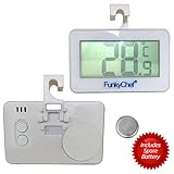 FunkyChef® White Fridge Freezer Room Thermometer Outdoor Wireless Digital With Magnet Hanging Hook Glass Shelf Stand And Frost Alert Lifetime Guarantee Spare Battery