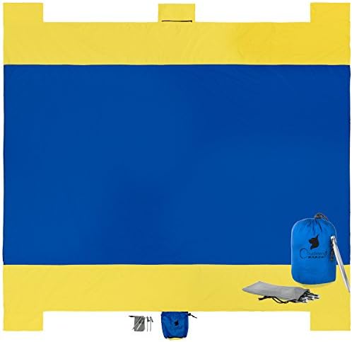 Compact Sand Proof Beach Blanket Oversized XXL 7'X9' Ripstop Lightweight Parachute Nylon for Picnic, Camping, Outdoor Events 4 Anchor Loops & Stakes +4 Sand Anchor Pockets +1 Zipper Storage Pocket