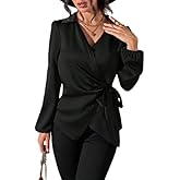 Women Satin Wrap Blouse V Neck Tie Waist Long Sleeve Dressy Tops Elegant Office Work Party Going Out Blouses