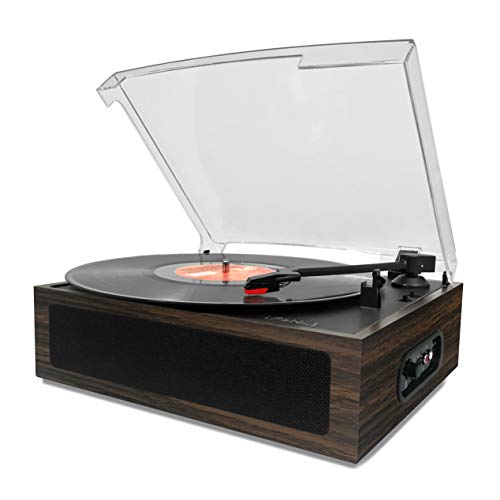 LP&No.1 Vintage Vinyl Record Player with Stereo Speakers,3 Speed Turntable Dark Brown