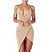 YS.DAMAI Women's Sexy Deep V Neck Sleeveless Spaghetti Strap Bodycon Wrap Dress Front Slit Bandage Midi Club Dress(Beige,L)