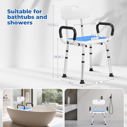 Careboda Shower Stool for Seniors, Shower Chair with Armrests and Backrest, Bathroom Stool 136 kg, Height Adjustable, up to 136 kg, Bath Chair for Seniors