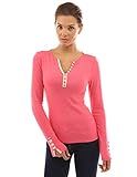 PattyBoutik Women's Notch Neck Buttons Trim Top (Bright Heather Coral M)