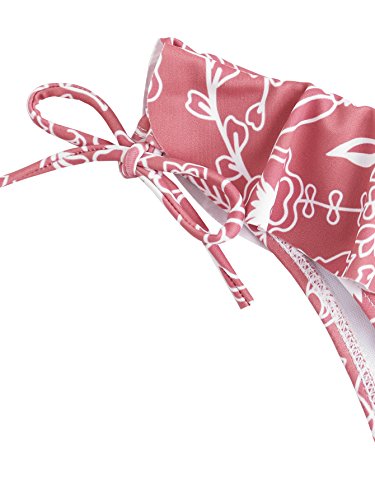 SOLYHUX Women's Flower Print Knot 2PCS Ruffle Strap Bikini Set Pink L - Thumbnail 4