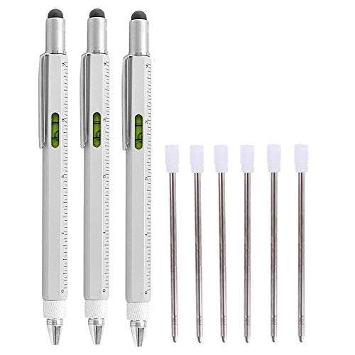 Shulaner 6 in 1 Multifunction Tech Tools 0.7mm Black Ink Ballpoint Pen with Ruler Level Stylus and Two-head Screwdriver Gift for Men, Silver, 3 Pack