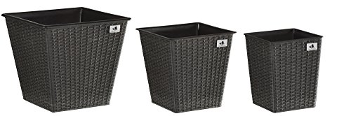 Gartenfreude Pflanzkübel, Polyrattan 3-er, wasserdichter Kunststofftopf, anthrazit, 41.5 x 41.5 x 38 cm, 4000-1068-001