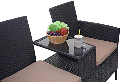 Mendler Poly-Rattan Sitzbank mit Tisch HWC-E24, Gartenbank Sitzgruppe Gartensofa, 132cm - schwarz, Kissen Creme – Bild 7