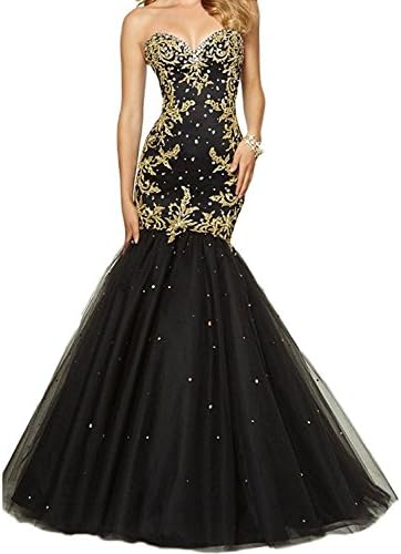 SDRESS Women's Crystals Gold Lace Appliqu¨¦s Lace-up Mermaid Formal Prom Dress Black Size 26