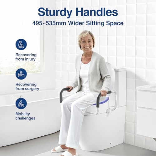 ANNWA Adult Toilet Booster Seat with Armrests and Lid, Raised Toilet Seat 10 cm, Adult Toilet Booster Seat with Padded Handles, 200 kg Load, Post Surgery Toilet (N1FYT16)
