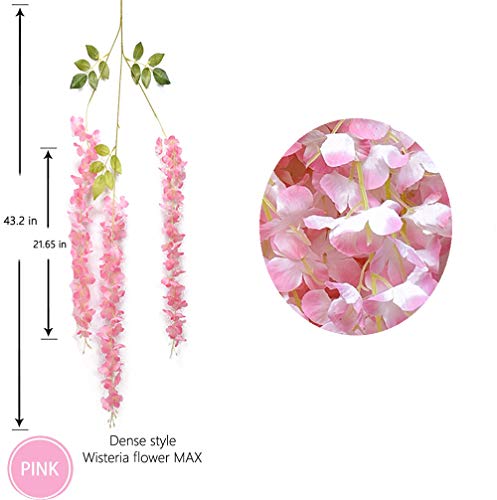 12pcs Artificial Wisteria Flowers 3.6 Feet/Piece Light PinkDense Artificial Fake Wisteria Vine Ratta Hanging Garland Silk Flowers String Home Party Wedding Decor（Pink-Dense）