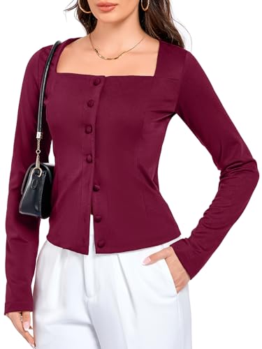 KateModa Women's Square Neck Casual Blazers Long Sleeve Button Up Suit Jackets Work Business Outfits Fitted Blazer Burgundy L at Amazon
