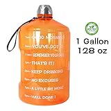 QuiFit 1 Gallon Sports Water Bottle with Motivational Time Marker BPA Free Leak Proof and Durable 128/73/43 oz Large Capacity to Ensure You Drink Enough Water Throughout The Day(128oz Orange)