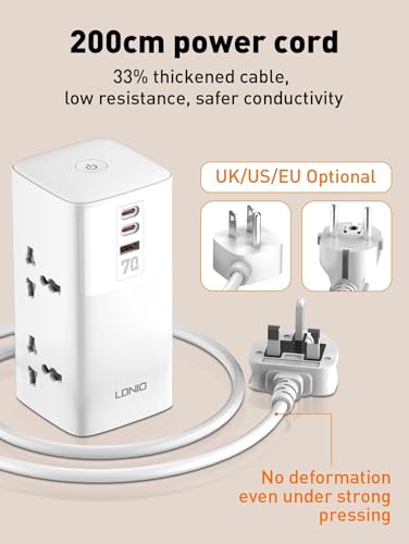 1 year warranty - LDNIO 70W Extension Cord Power Strip for Home & Office, 7-in-1 Charging Station with USB & 2 Type-C Ports, 4 Universal Outlets – Includes