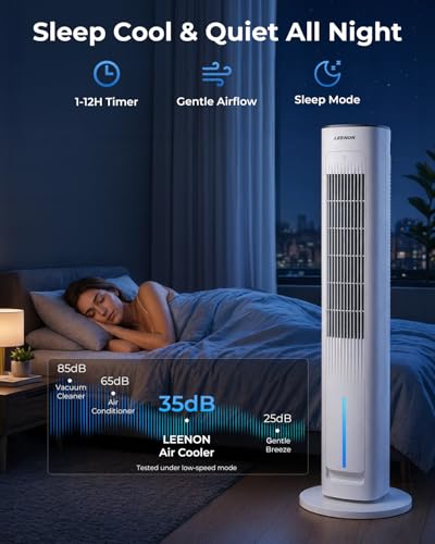 LEENON Silent Column Fan, 3L Capacity Oscillating Fan with Remote Control and 3 Speeds, 3 Modes and 12H Timer Column Fan for Home and Office – White