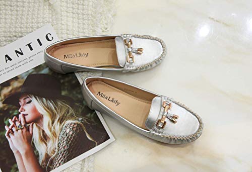 Mila Lady Fashion Colorful Causal Slip on Loafers Moccasin Walking Driving Indoor Flat Shoes for Women, Allison Silver Size 8.0