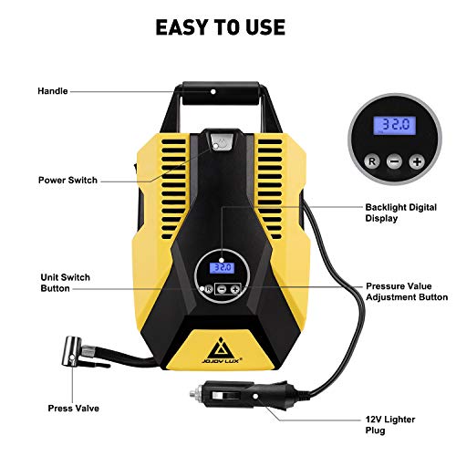 Portable Air Compressor Pump,12V DC Digital Tire Inflator, 150 PSI Auto Shut-off, w/ emergency LED flasher & Extra Long Cable for Tires, Bicycle, Air Boat/Mattress,Balls and Other Inflatables