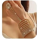 Jumwrit Shiny Finger Ring Hand Chain Bangle Bracelet Sparkle Rhinestone Multi Layers Link Hand Harness Cosplay Open Ring Cuff Bracelet Wedding Bridal Accessories for Women