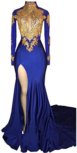 KapokBanyan Mermaid High Neck Long Sleeves Prom Dress 2018 New Gold Appliques Split Evening Gowns