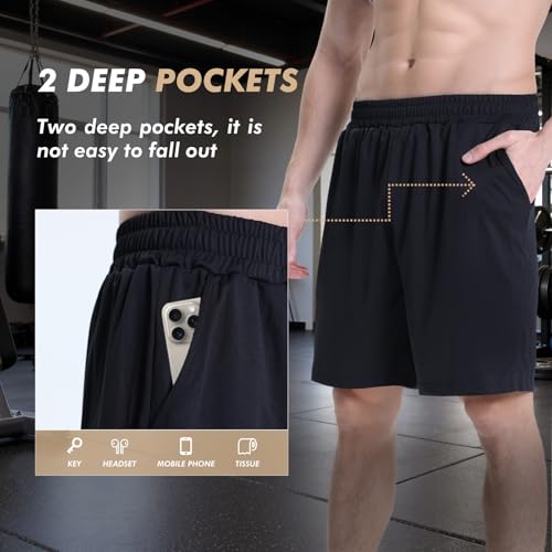 BOOJO 7 Pack Mens Athletic Shorts - Gym Basketball Running Workout Quick Dry Black Shorts with Pockets for Casual Activewear