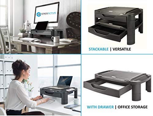ErgoActive Height Adjustable Monitor Stand Riser with Storage Organizer and Drawer, Computer, iMac, Printer, Laptop, Desk with Tablet & iPhone Holder, Cable Management Slot (Black) - Thumbnail 4
