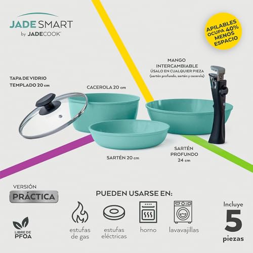 JadeCook Batería de Cocina Jade Smart Antiadherente de 10 piezas con Utensilios, Mango Desmontable Multipropósito con 6 Capas de Recubrimiento Antiadherente 100% libre de tóxicos