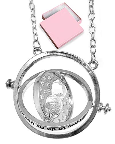 Trending Jewels Harry Potter Time Turner Necklace, Silver Plated, Gold Sand - Rotating Hour Glass, Hermione Granger - Packed in a Box