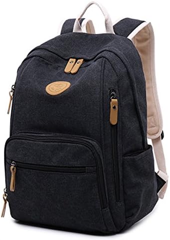 Lightweight Canvas School Backpack Bag Casual Daypack Laptop Shoulder Bag for Boys Girls (Black)