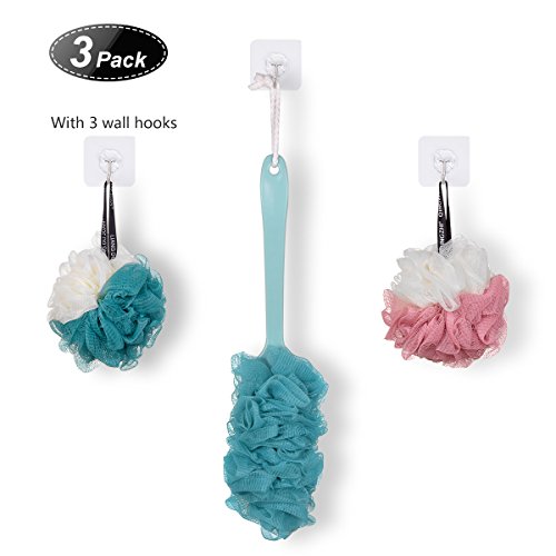 Bath Shower Sponge Pouf, DUUDO Loofahs Sponges Body Scrubber Ball Mesh Pouf with Another Handle Body Wash, Green, Pink, White, 3 Wall Hooks Included (3 Packs)