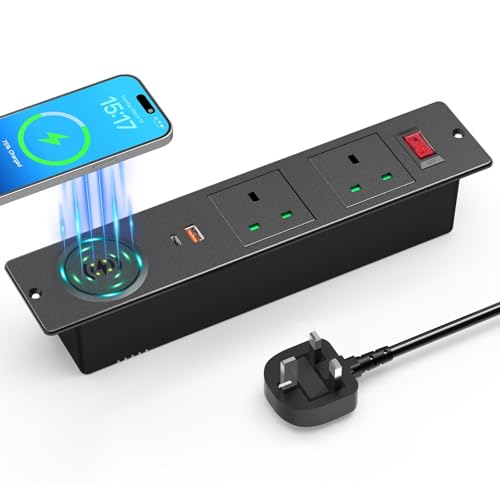LBOYLOVE® Recessed Desk Power Socket, Hidden Plug Socket with 2 UK Plugs, 2 USB Ports, 15W Wireless Charging and 2M/6.56FT Cable, Furniture Power Strip with Overload Switch for Home Office Desktop