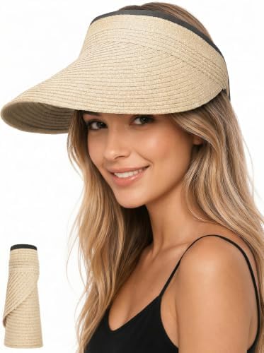 Straw Sun Hats Visor for Women - Packable Beach Hat UPF 50+ Lightweight Handmade FURTALK Sun Hats for Women Wide Brim Beach Hat Straw Visor  main image 2