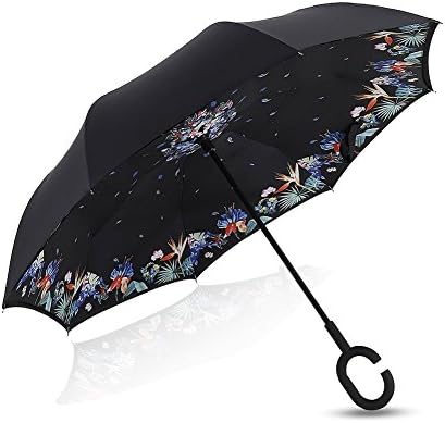 Inverted Umbrella Elover Double Layer C Shape Handle Windproof Sunscreen Reverse Umbrella for Car Rain Outdoor (Small Flower)