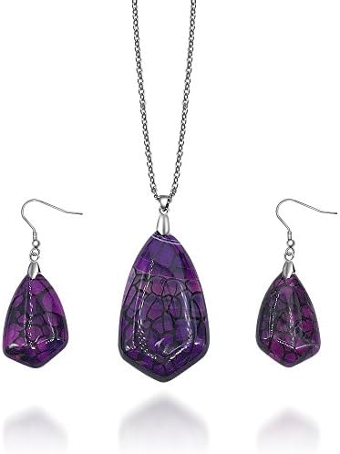 Agate Dangle Fashion Pendant &amp; Necklace and Earrings jewelry set for Women (Purple(rhombus))