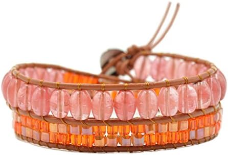 Double Leather Wrap Bracelet Square Crystal Beads and Orange Color Natural Agate Adjustable 13.5" (One)