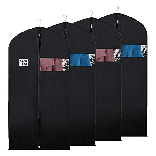 Syeeiex Suit Storage Garment Bags - Travel 50-inch Coat Protector Bag with Clear Window and ID Card Holder for Suit, Long Jacket, Dresses, Set of 4