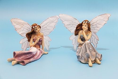 Fairy Garden Fairy Figurines - Garden Fairies - Sitting Girls Set of 2 pcs - Kit for Outdoor or House Decor, Hand Painted Resin Figurines, for Garden Indoor Decor Gift