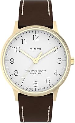 Waterbury Herren-Armbanduhr, 40 mm, braunes, zweiteiliges Lederarmband mit Schnellverschluss, weißes Zifferblatt, goldfarbenes Gehäuse TW2W84400