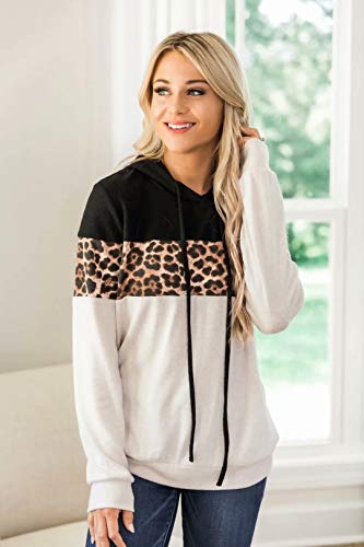 OWIN Women\'s Color Block Sweatshirt Leopard Hoodie Long Sleeve Drawstring Lightweight Pullover Tops