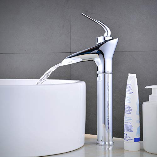 Modern Waterfall Lavatory Bathroom Faucet Tall Deck Mount One Handle Single Hole Vessel Mixer Tap Plumbing Fixtures Unique Designer Chrome - Thumbnail 3